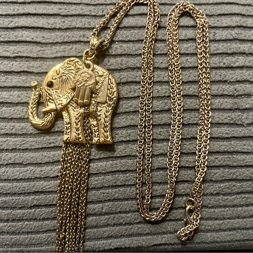 Gold Elephant Tassel Pendant Necklace